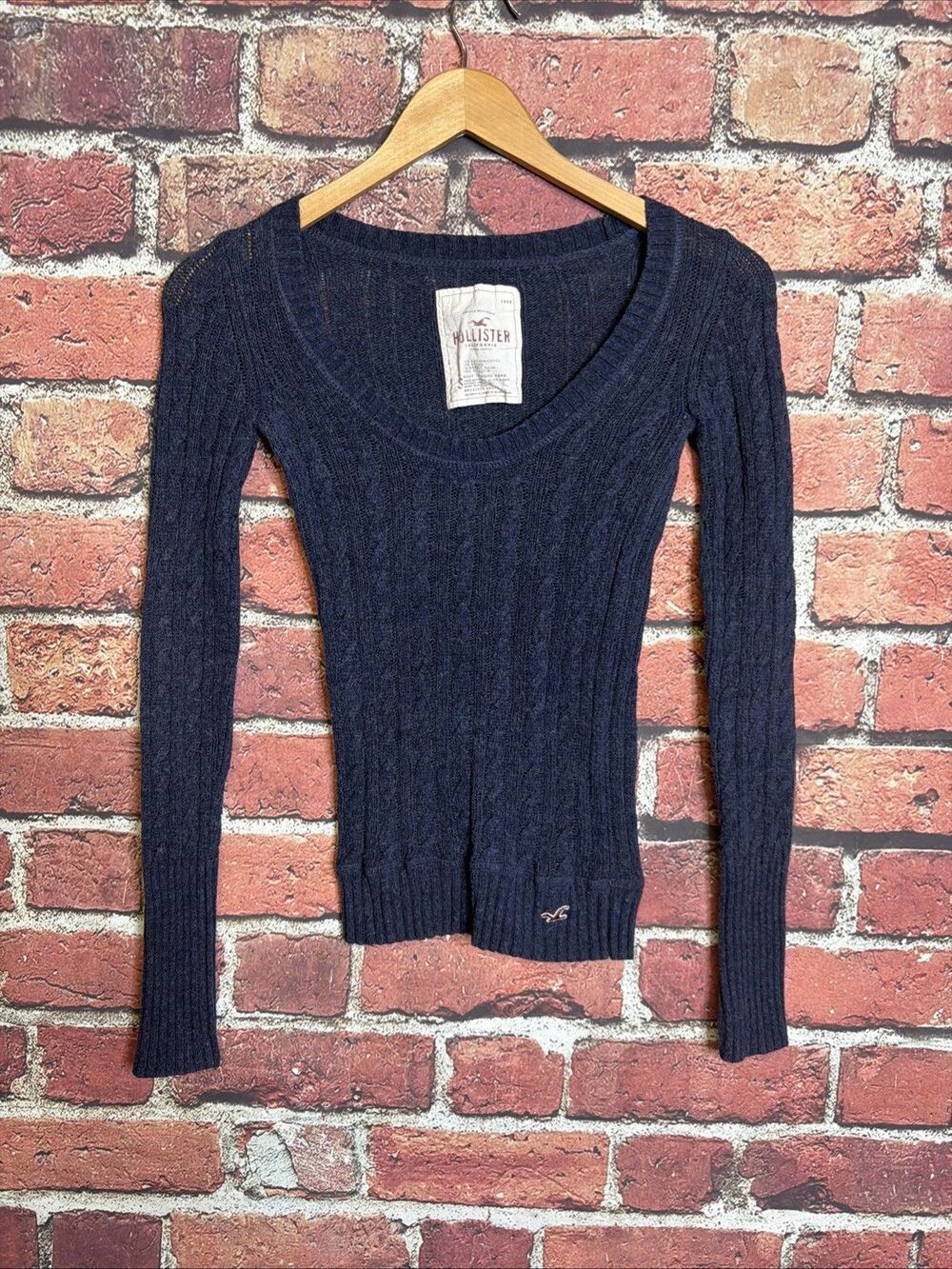Hollister Y2K Navy Cable Knit Ribbed Sweater Small Womens